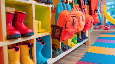 A colourful school cloakroom full of boots and backpacks