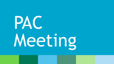 Turquoise blue graphic that reads, PAC Meeting.